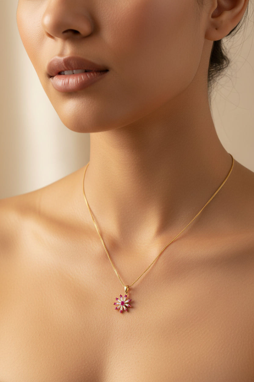 9ct Yellow Gold Diamond & Ruby Snow Flake Pendant Necklace
