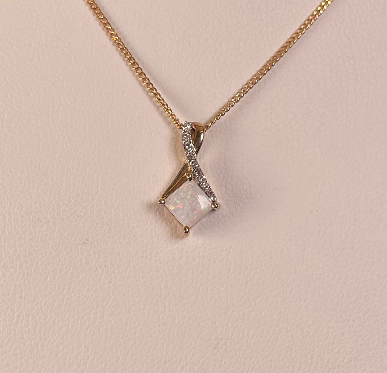 9ct Yellow Gold Square White Opal with Crossover Diamond Bale Pendant Necklace