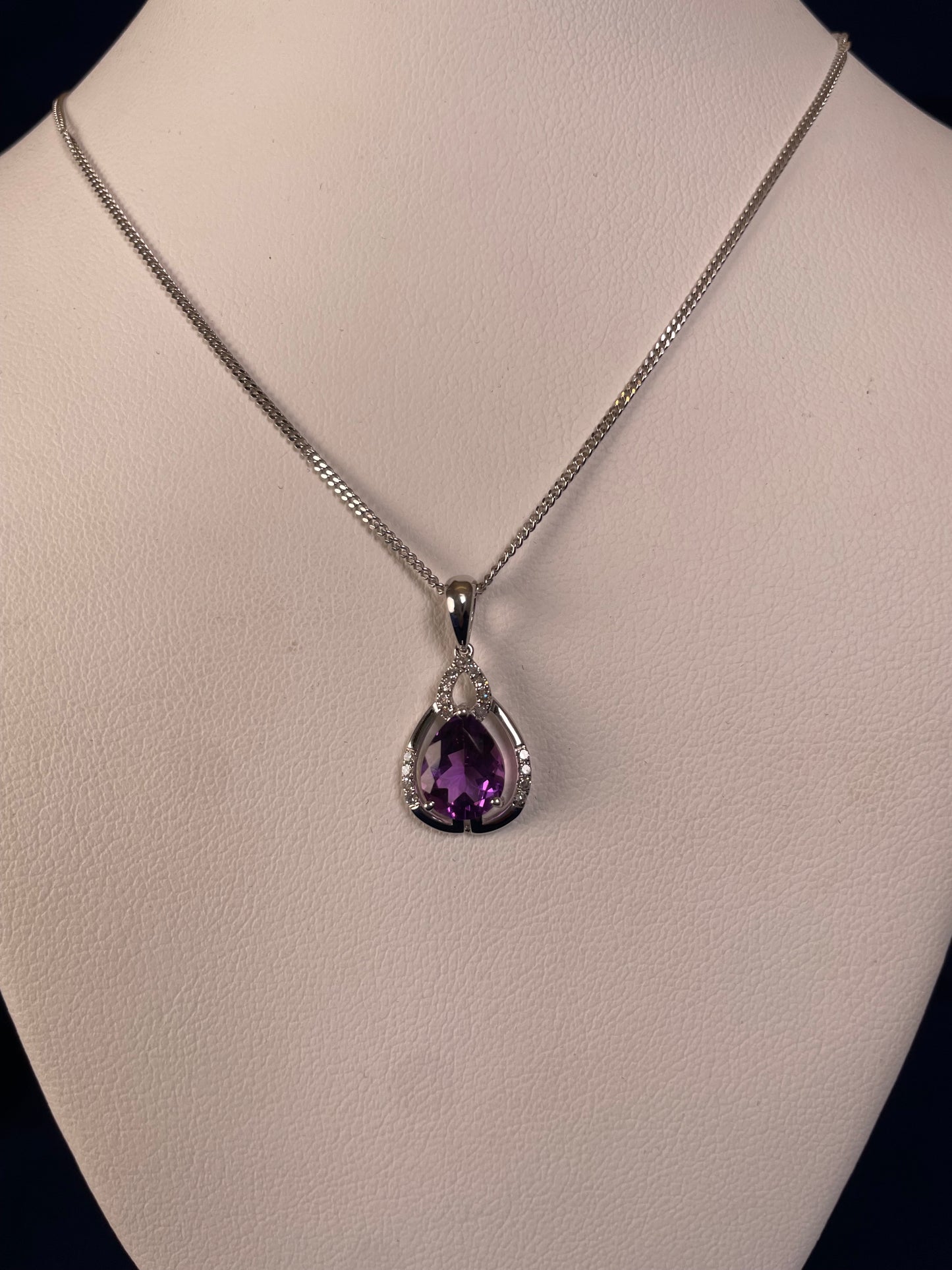 9ct White Gold Pear Amethyst & Diamond Pendant Necklace