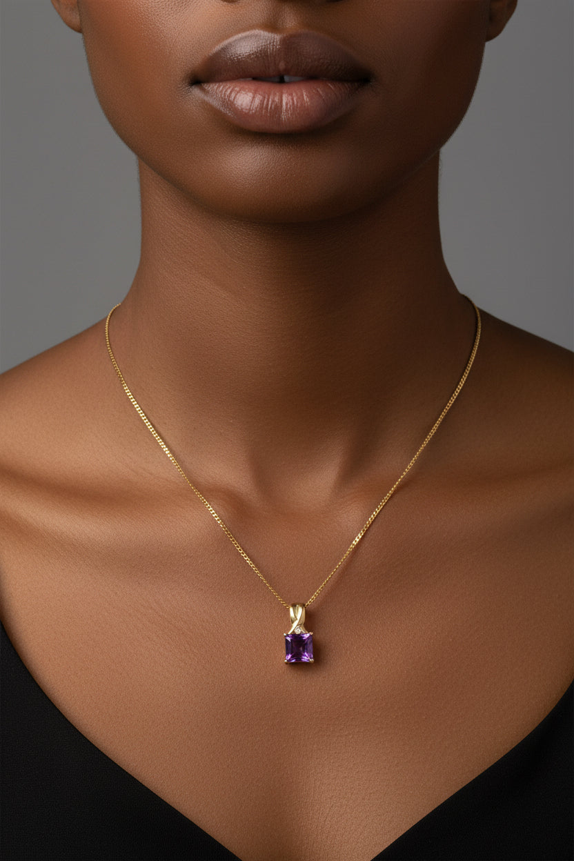 9ct Yellow Gold Square Amethyst with Diamond Chip Pendant Necklace