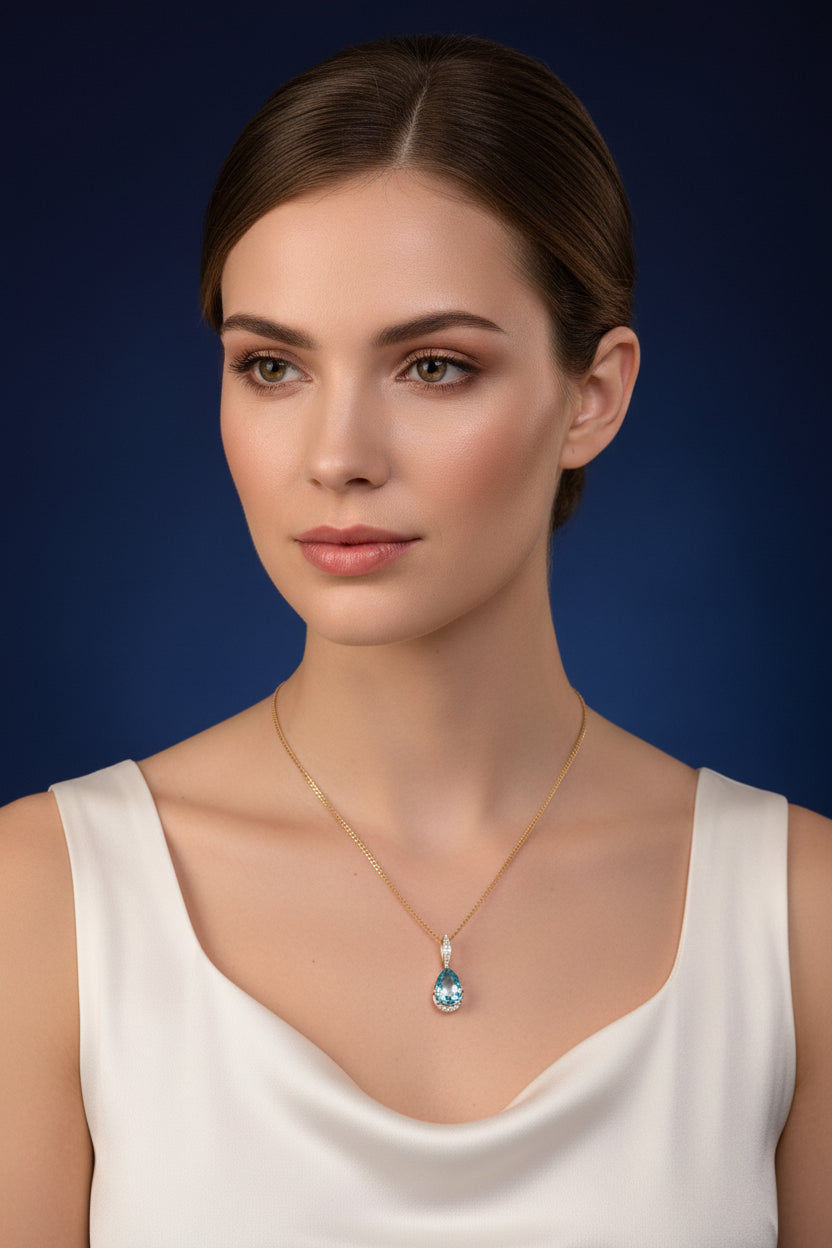 9ct Yellow Gold Pear Shape Blue Topaz & Diamond Pendant Necklace