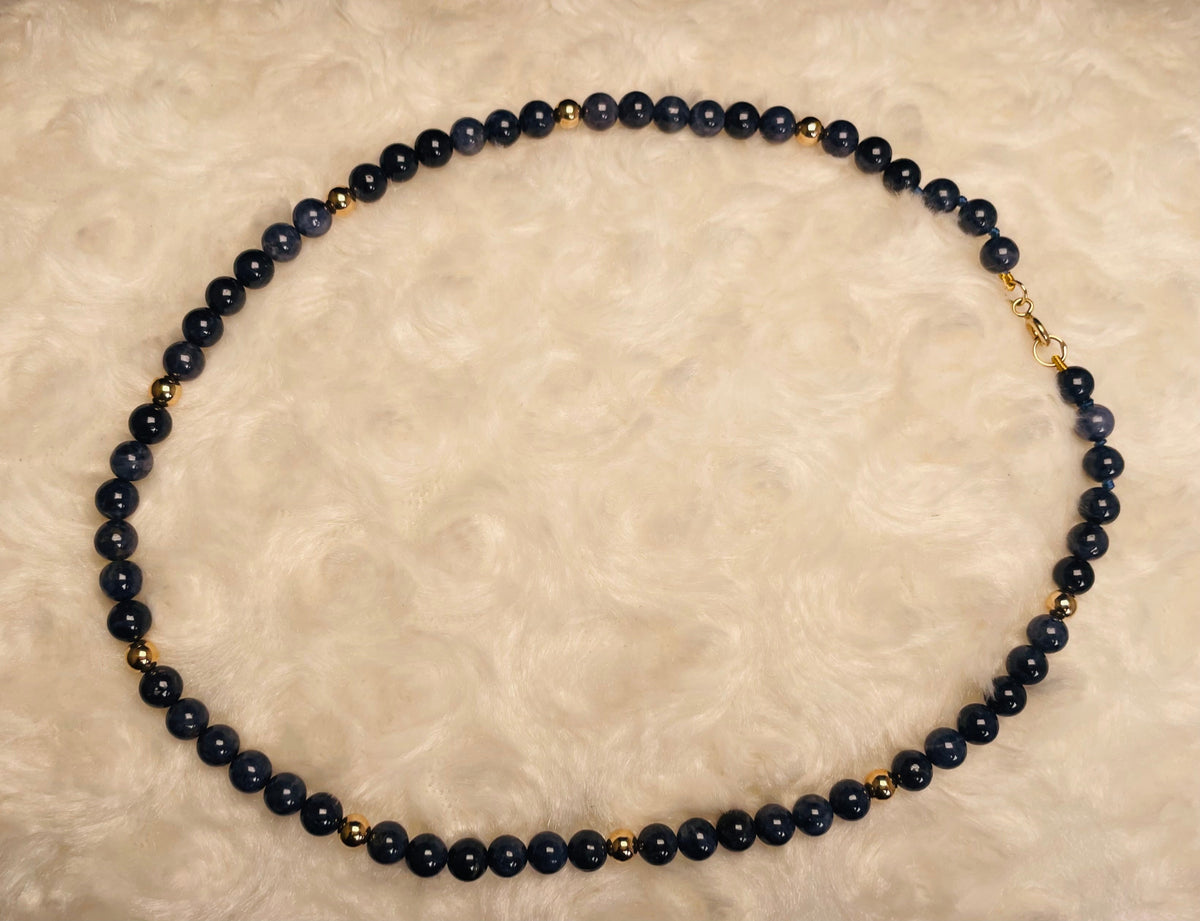 9ct yellow gold sapphire beaded necklace overhead view showing full strand