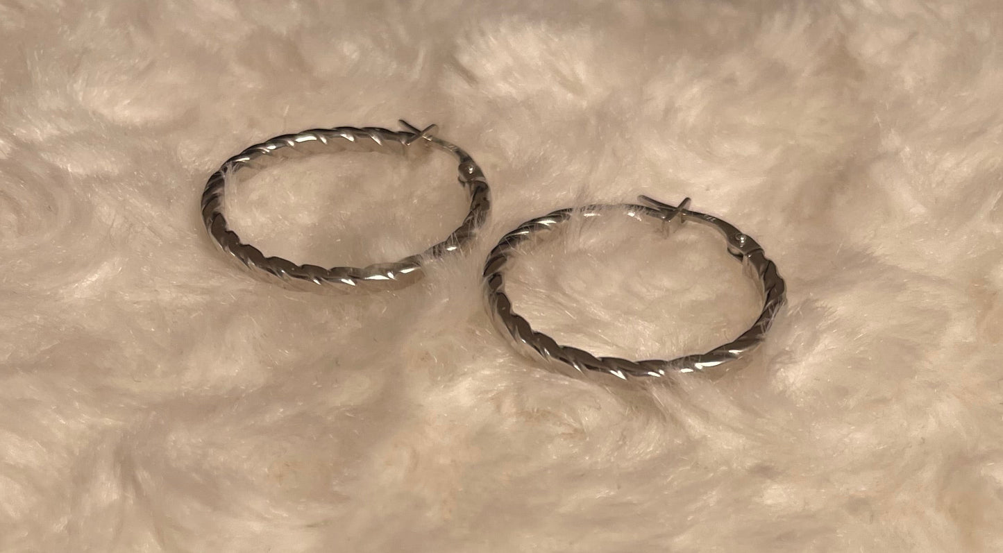 9ct White Gold Flat Twist Hoop Earrings