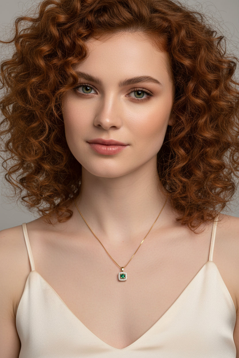 9ct Yellow Gold Emerald With Diamond Cluster Pendant Necklace