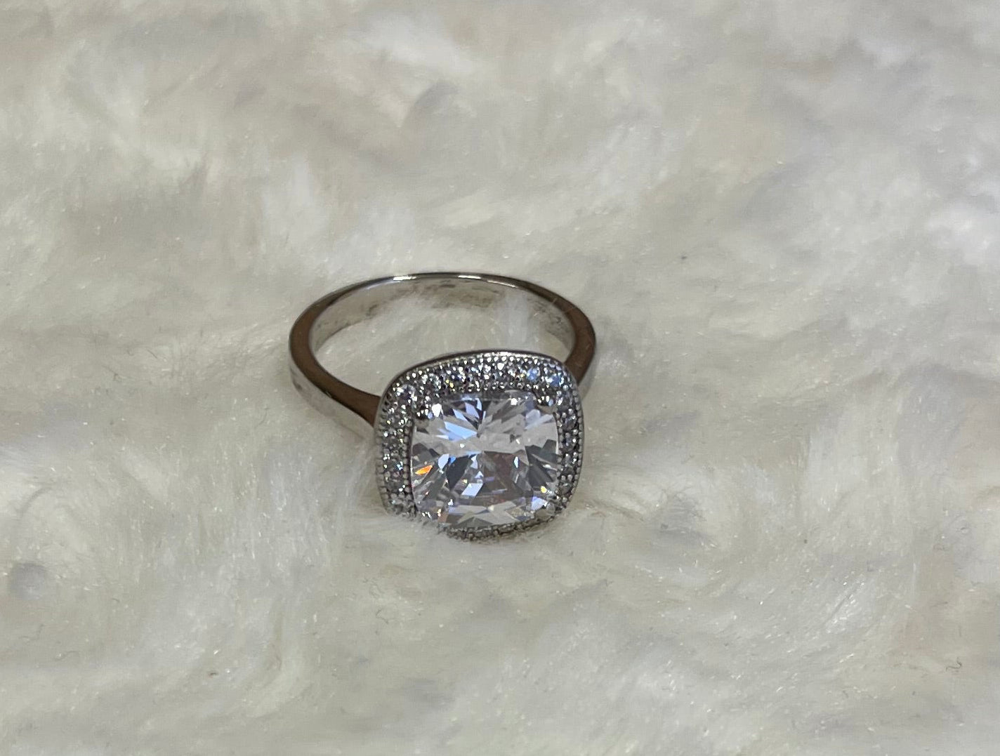 Large Cushion Shape Cubic Zirconia Cluster Rhodium Plated Ring