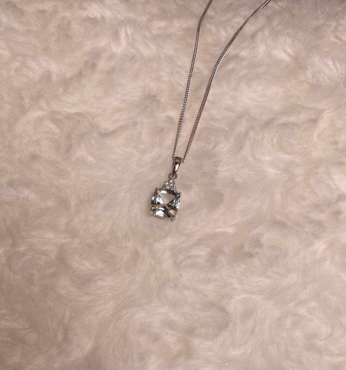 9ct White Gold Cushion Shape Aquamarine with Diamond Chips Pendant Necklace