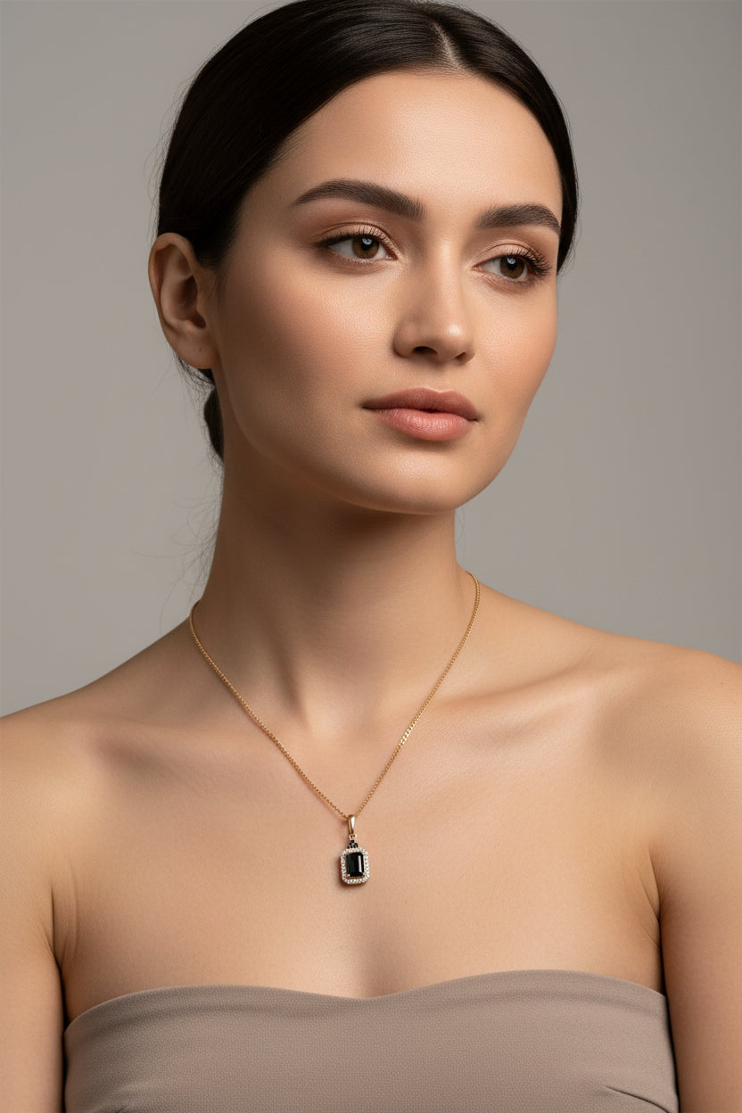 9ct Yellow Gold Emerald Cut Red Sapphire & Diamond Cluster Pendant Necklace