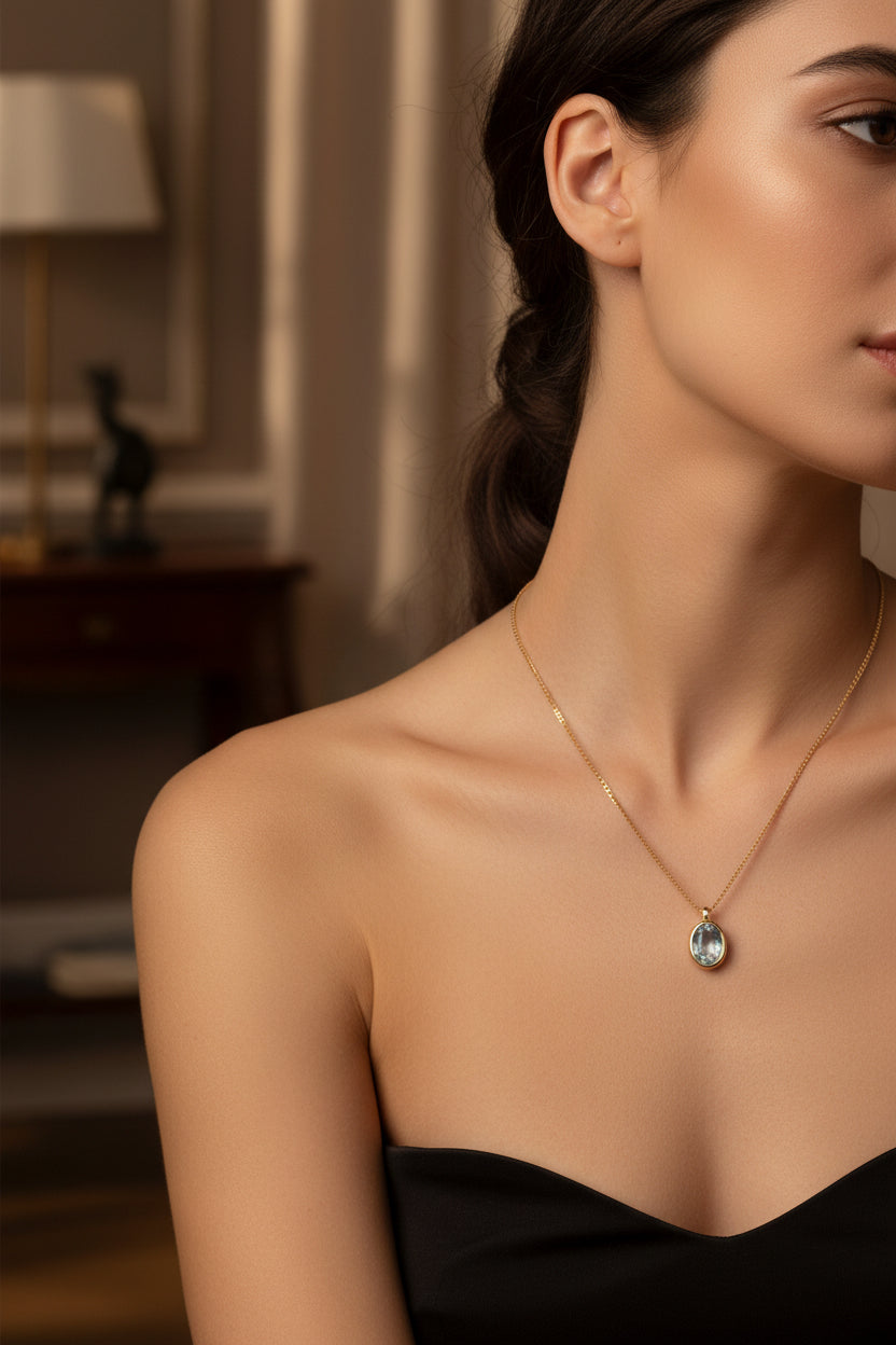 9ct Yellow Gold Oval Aquamarine Pendant Necklace