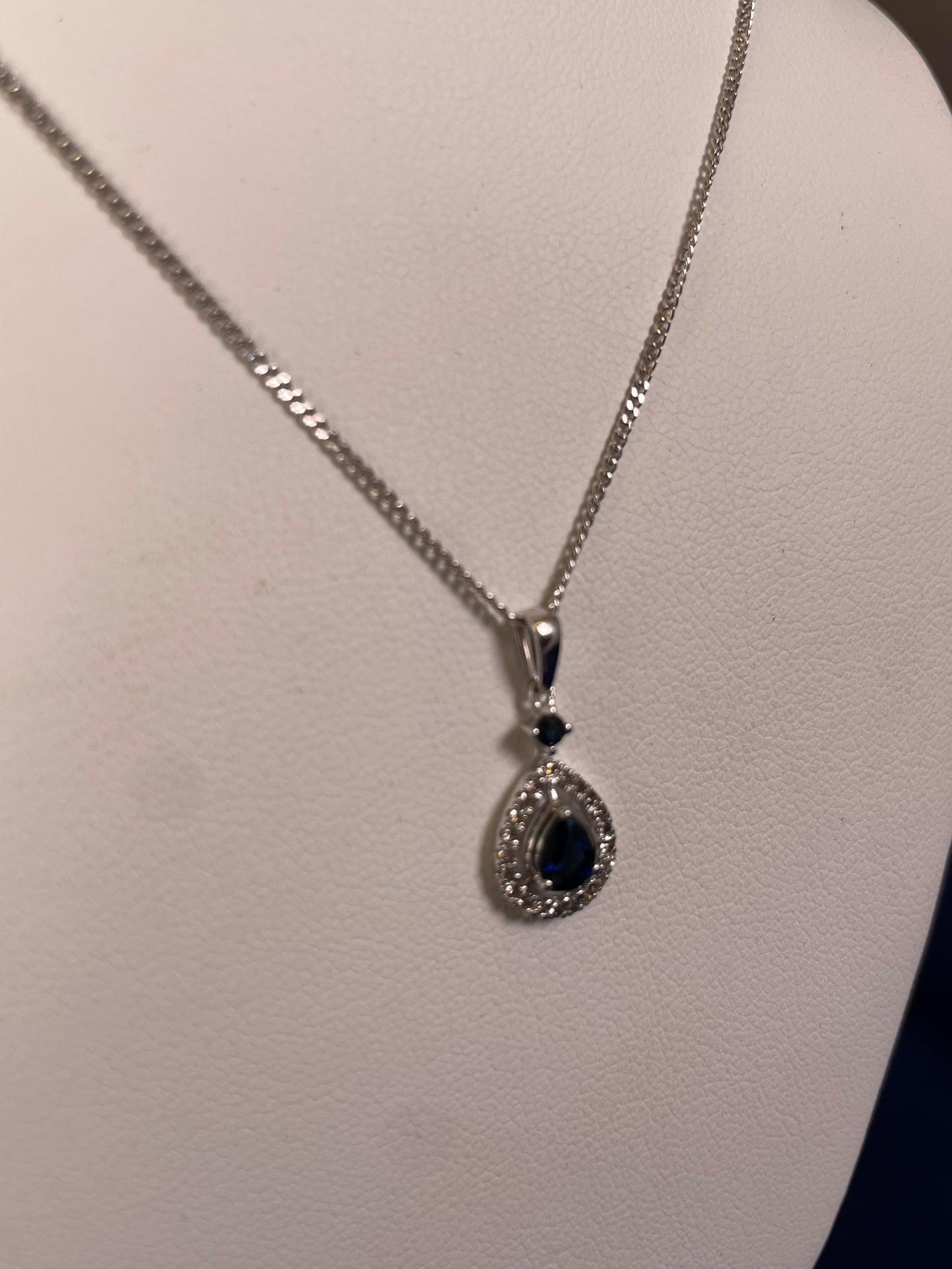 9ct White Gold Sapphire & Diamond Pear Shaped Pendant Necklace