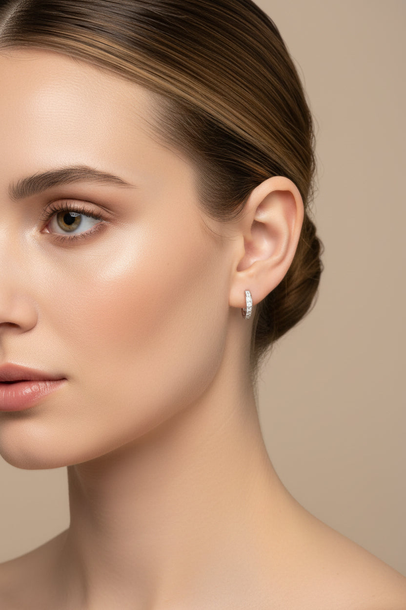 Rhodium-Plated Petite Hoop Earrings with Cubic Zirconia