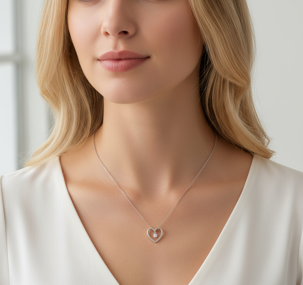 9ct White Gold Open Heart Pendant with Suspended Diamond