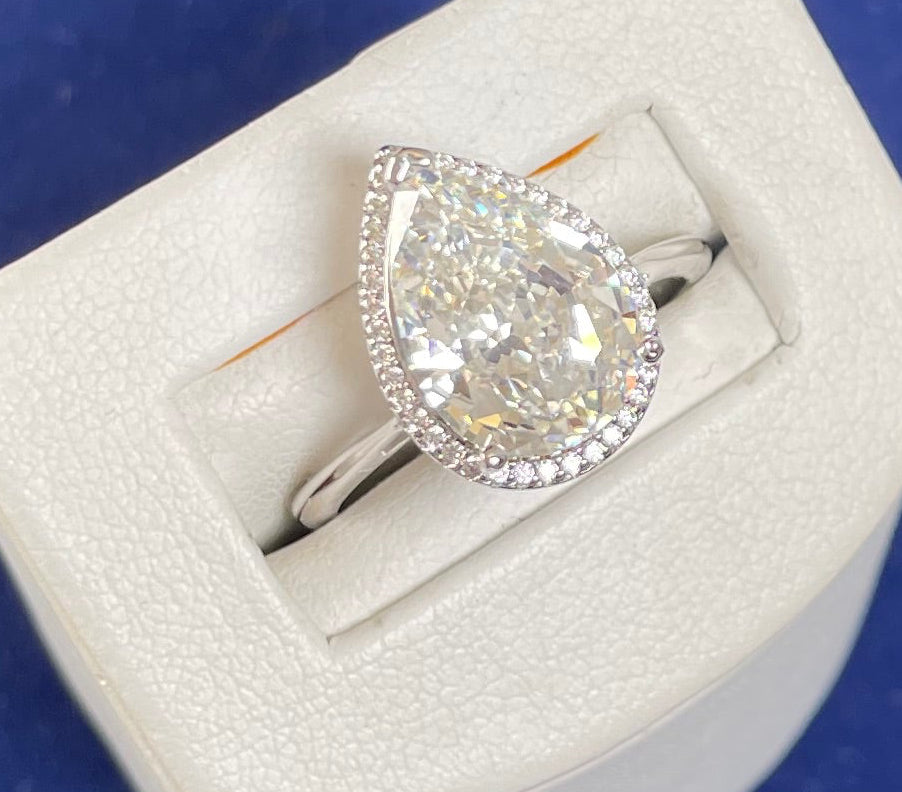 Rhodium Plated Silver Pear Shape Cubic Zirconia Ring