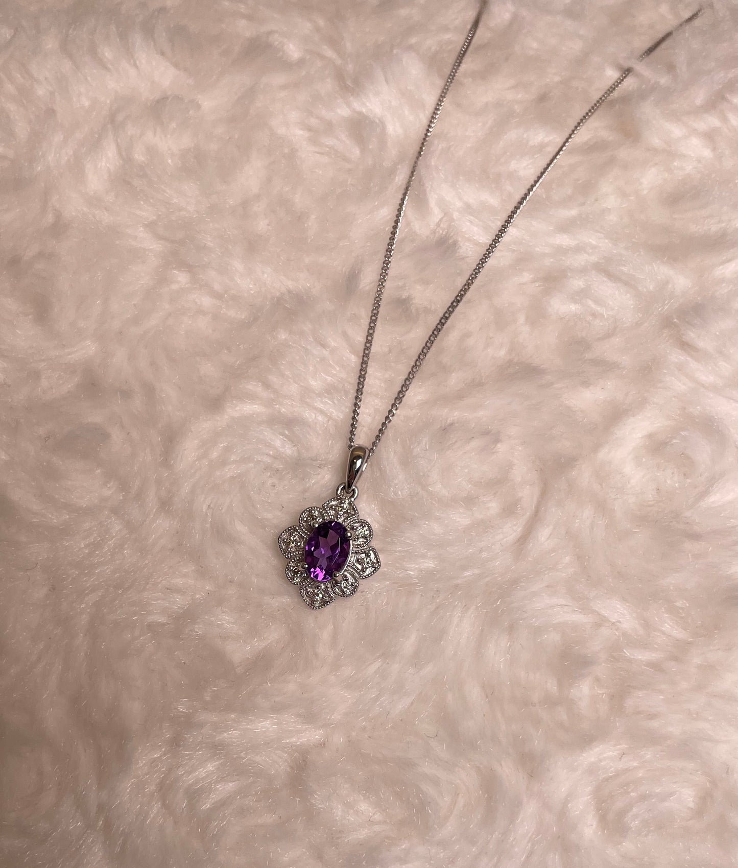 9ct White Gold Amethyst & Diamond Art Deco Pendant Necklace