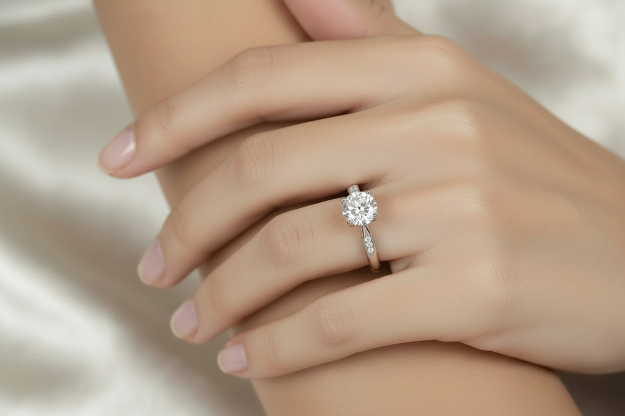 Rhodium-Plated Silver Brilliant Cut Cubic Zirconia Solitaire With Cubic Zirconia On Shoulder