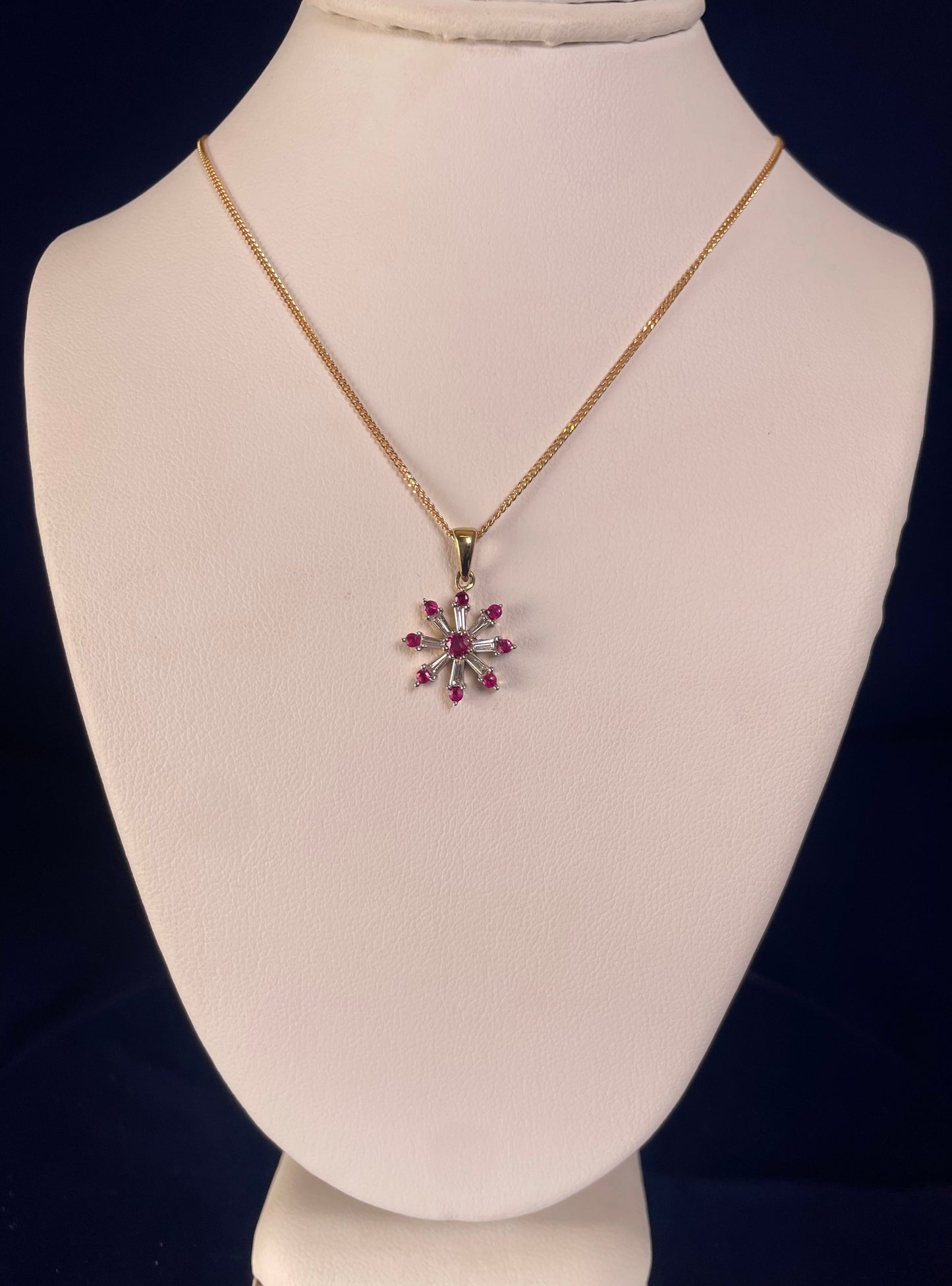 9ct Yellow Gold Diamond & Ruby Snow Flake Pendant Necklace