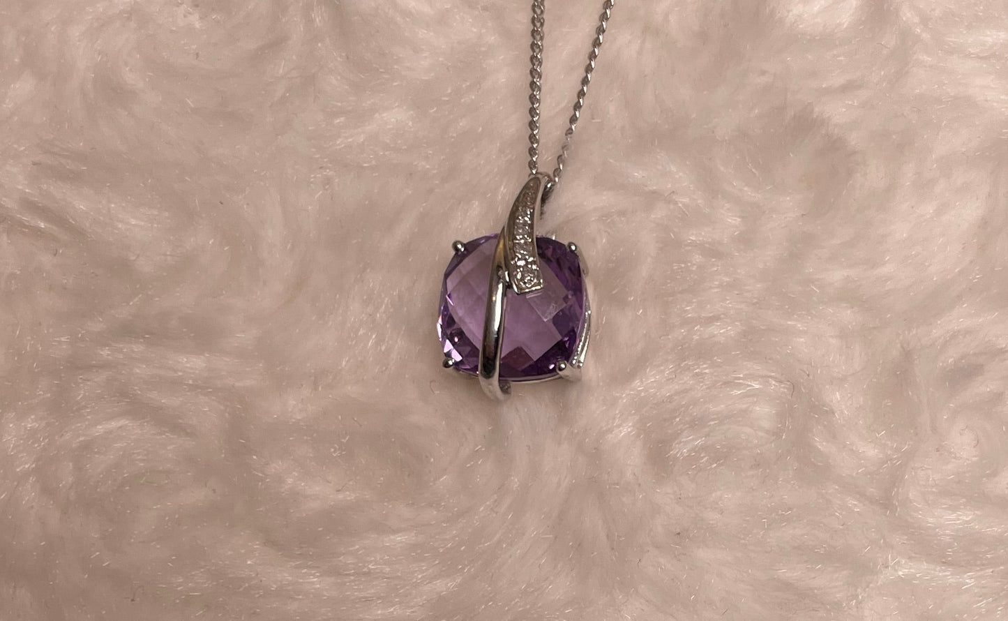 9ct White Gold Amethyst Pendant with Diamond Bale Surround Necklace
