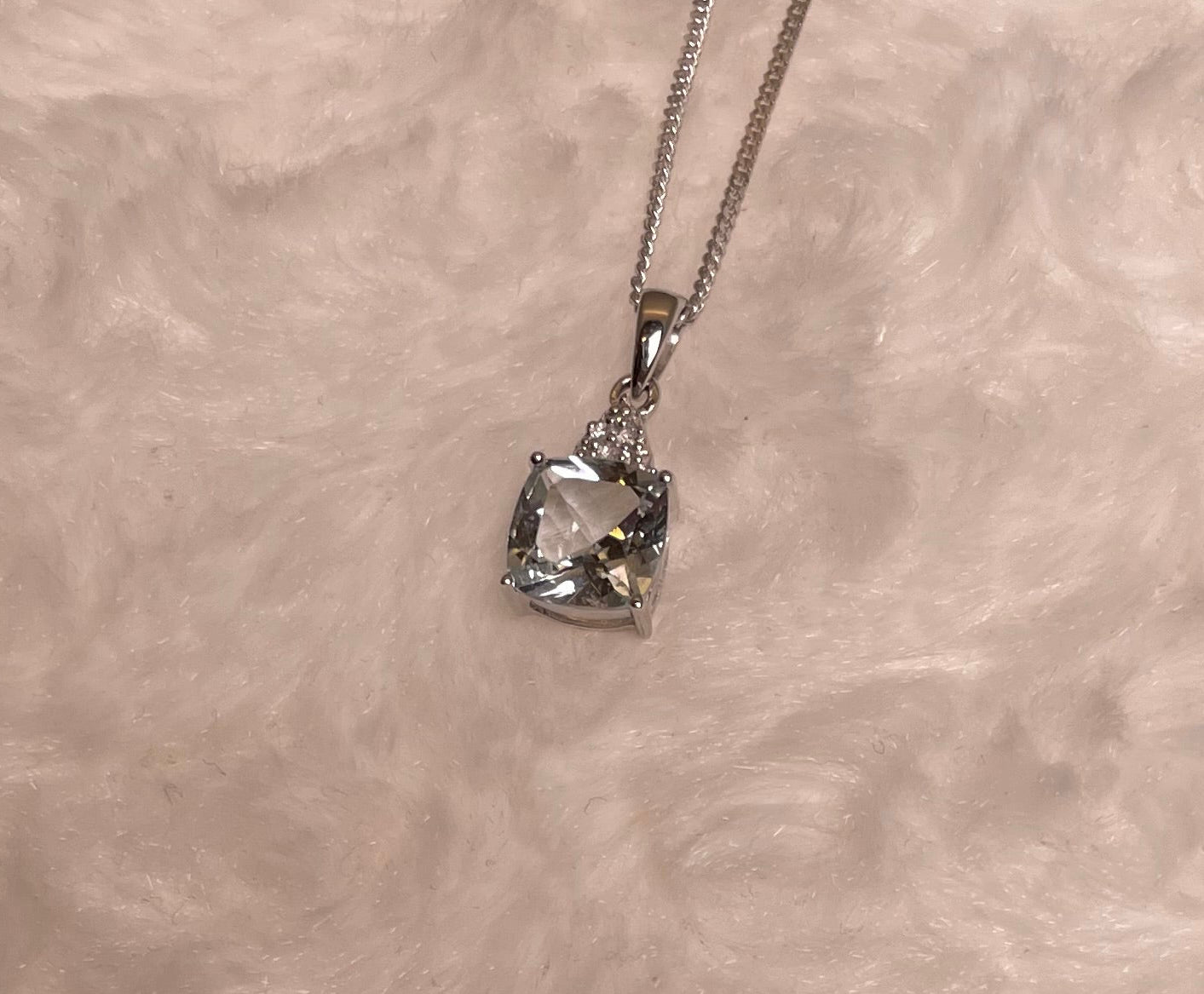 9ct White Gold Cushion Shape Aquamarine with Diamond Chips Pendant Necklace