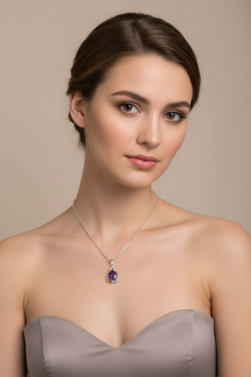 9ct White Gold Pear Amethyst & Diamond Pendant Necklace