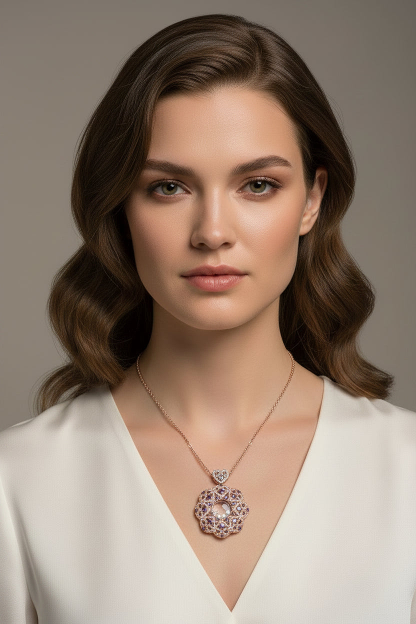 Rose Gold-Plated Flower Pendant Necklace with Cubic Zirconia