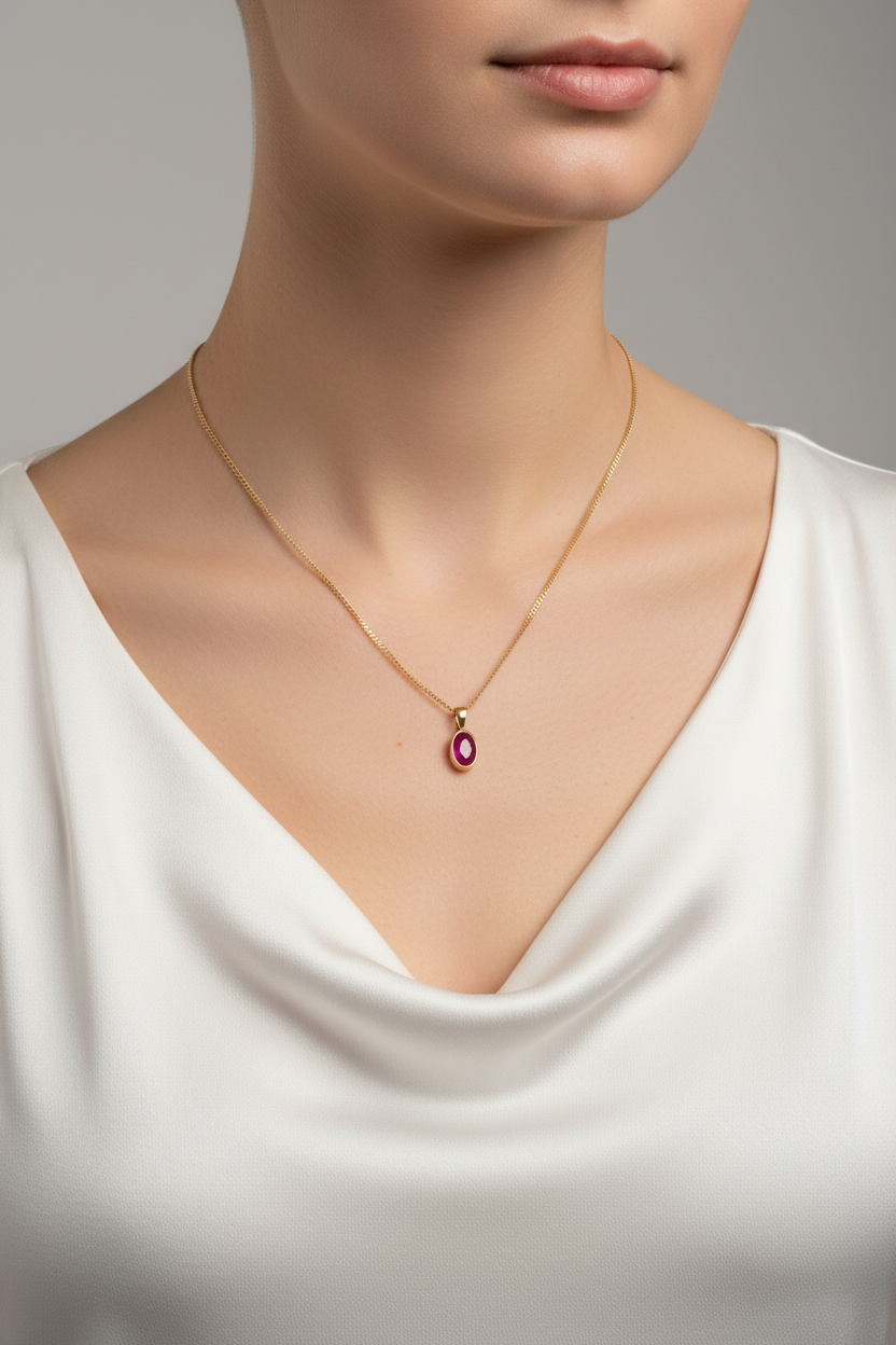 9ct yellow gold oval ruby pendant necklace worn on neck - for illustration purposes only