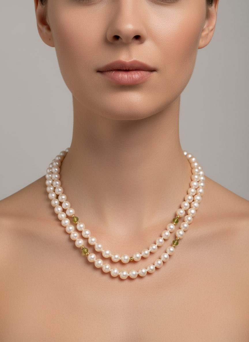 Single Row of Freshwater Cultured Pearls with Peridot & Gold Beads Necklace
