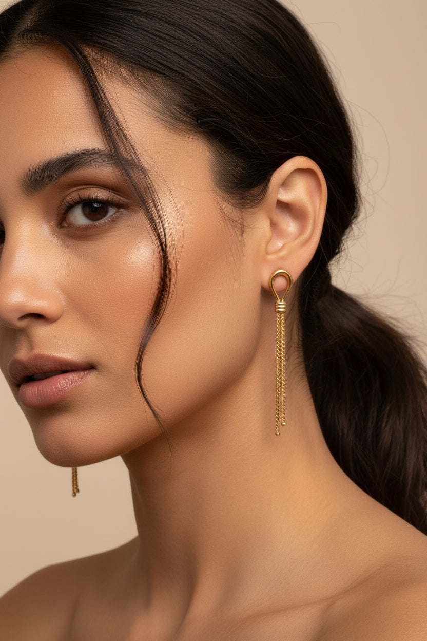 9ct yellow gold lantern link drop earrings worn on ear - for illustration purposes only