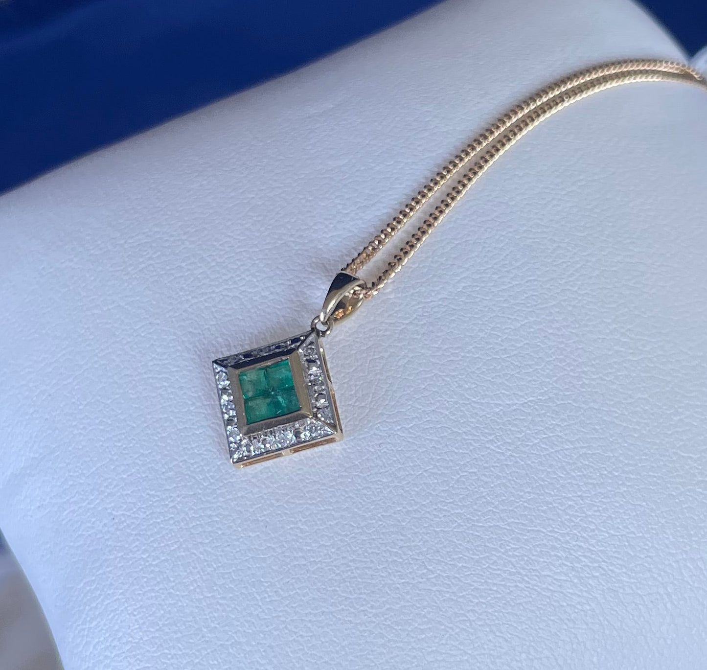 9ct Yellow Gold Diamond & Emerald Square Pendant Necklace