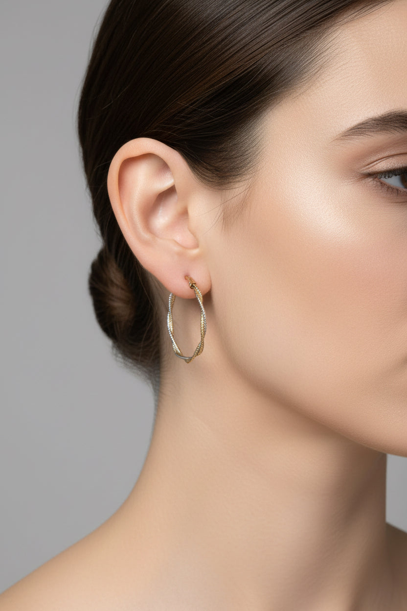 9ct White & Yellow Gold Twisted Wire Hoop Earrings