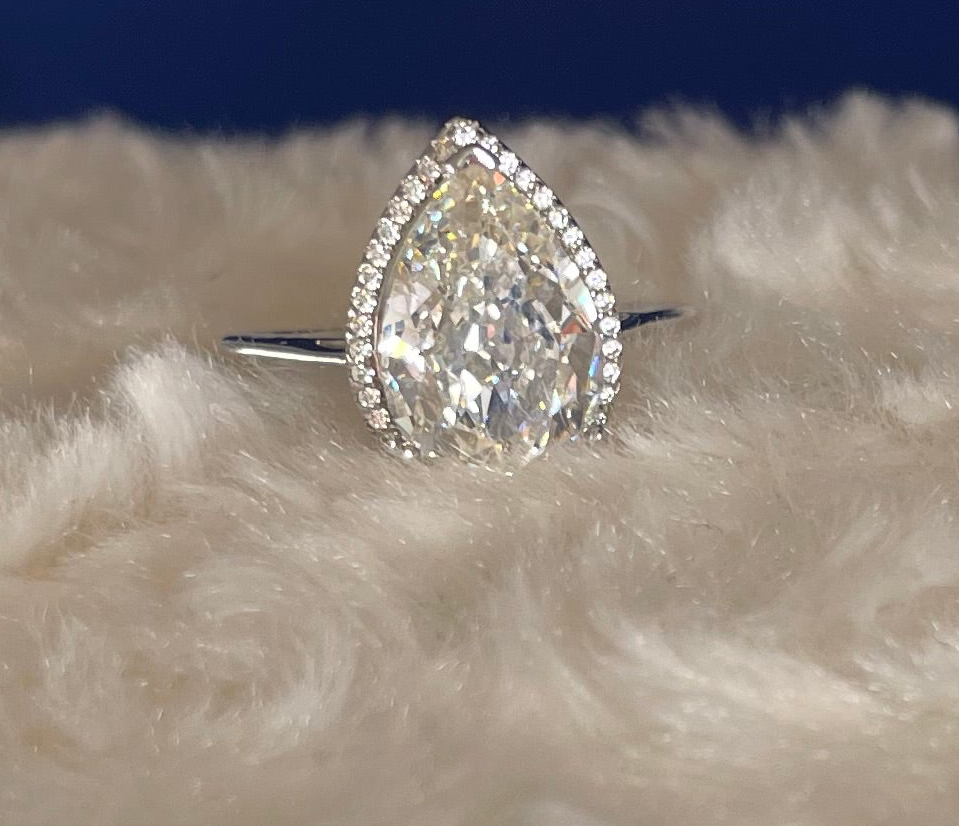 Rhodium Plated Silver Pear Shape Cubic Zirconia Ring