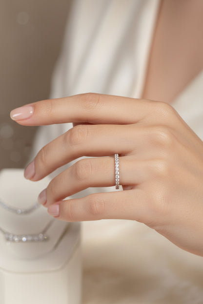 Rhodium-Plated Silver Fine Band Full Eternity Pave Setting Cubic Zirconia