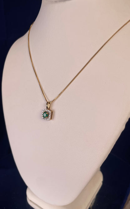 9ct Yellow Gold Emerald With Diamond Cluster Pendant Necklace