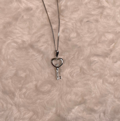 9ct White Gold Key Pendant with Diamond Chips & Floating Diamond