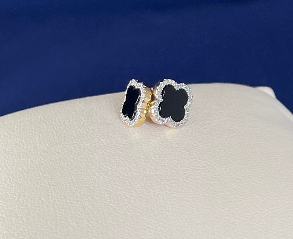 9ct Yellow Gold Onyx & Diamond Clover Earrings
