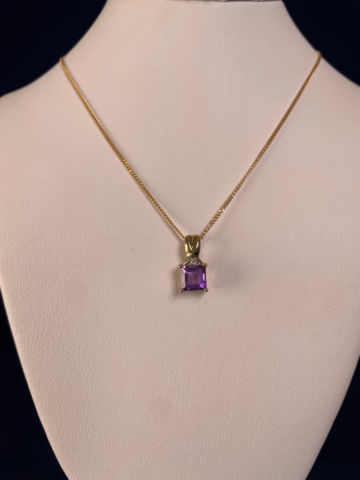 9ct Yellow Gold Square Amethyst with Diamond Chip Pendant Necklace