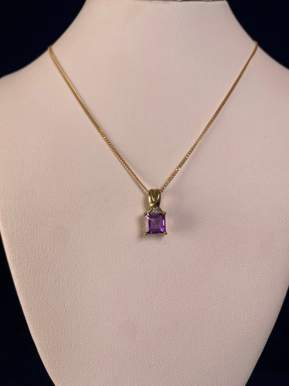 9ct Yellow Gold Square Amethyst with Diamond Chip Pendant Necklace