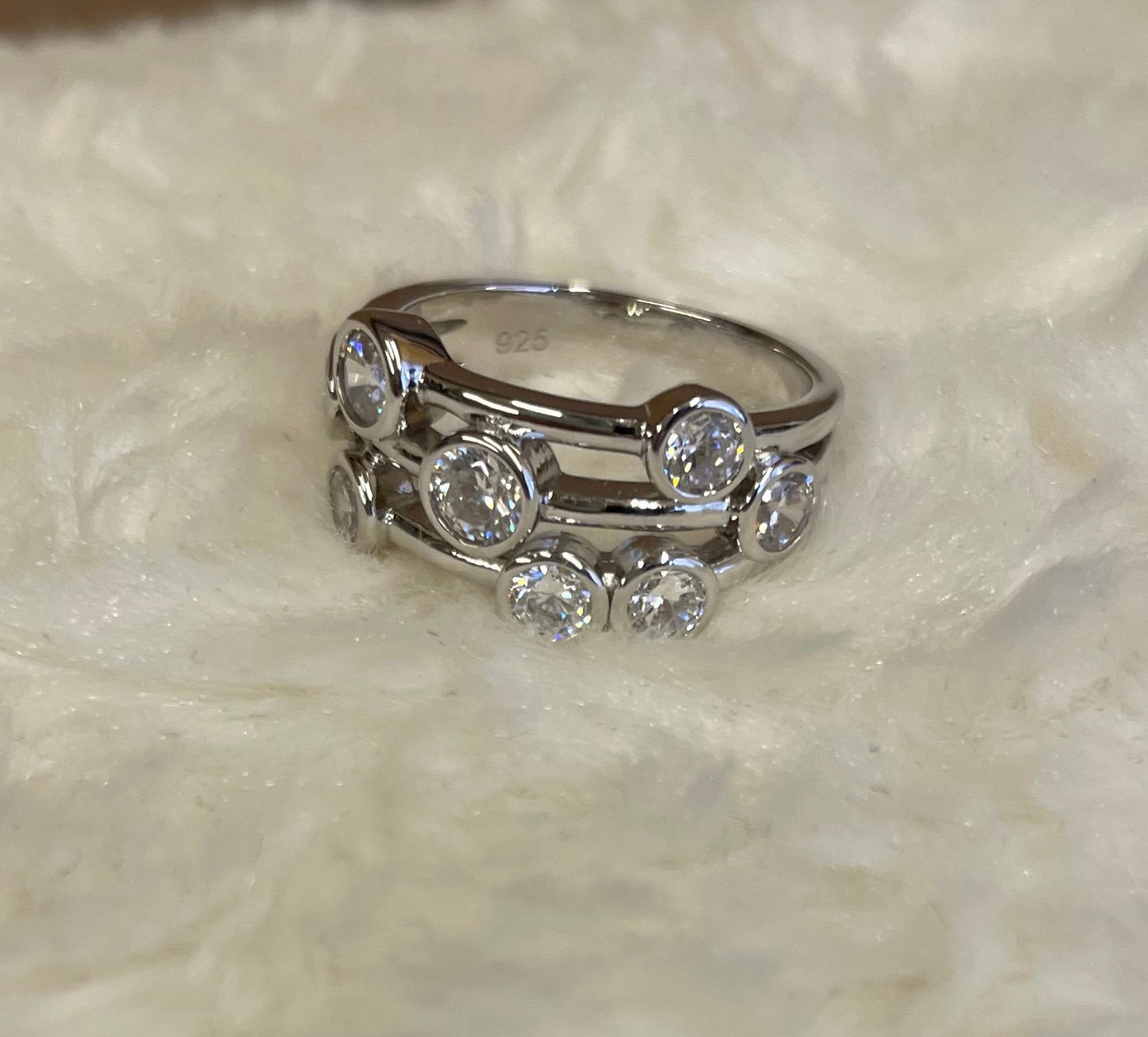 Rhodium-Plated Silver Three Row Boodle Ring with Cubic Zirconia