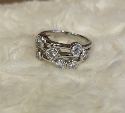 Rhodium-Plated Silver Three Row Boodle Ring with Cubic Zirconia