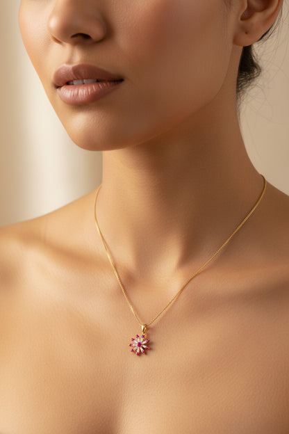 9ct Yellow Gold Diamond & Ruby Snow Flake Pendant Necklace