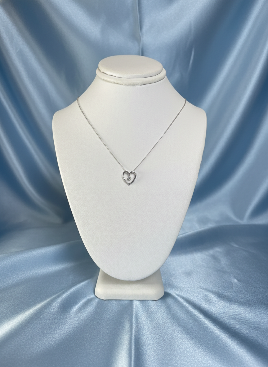 9ct White Gold Open Heart Pendant with Suspended Diamond
