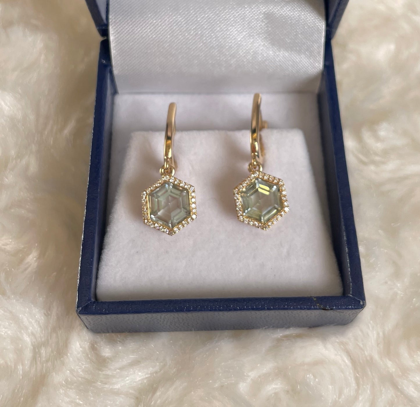 9ct Yellow Gold Green Amethyst & Diamond Set Drop Earrings