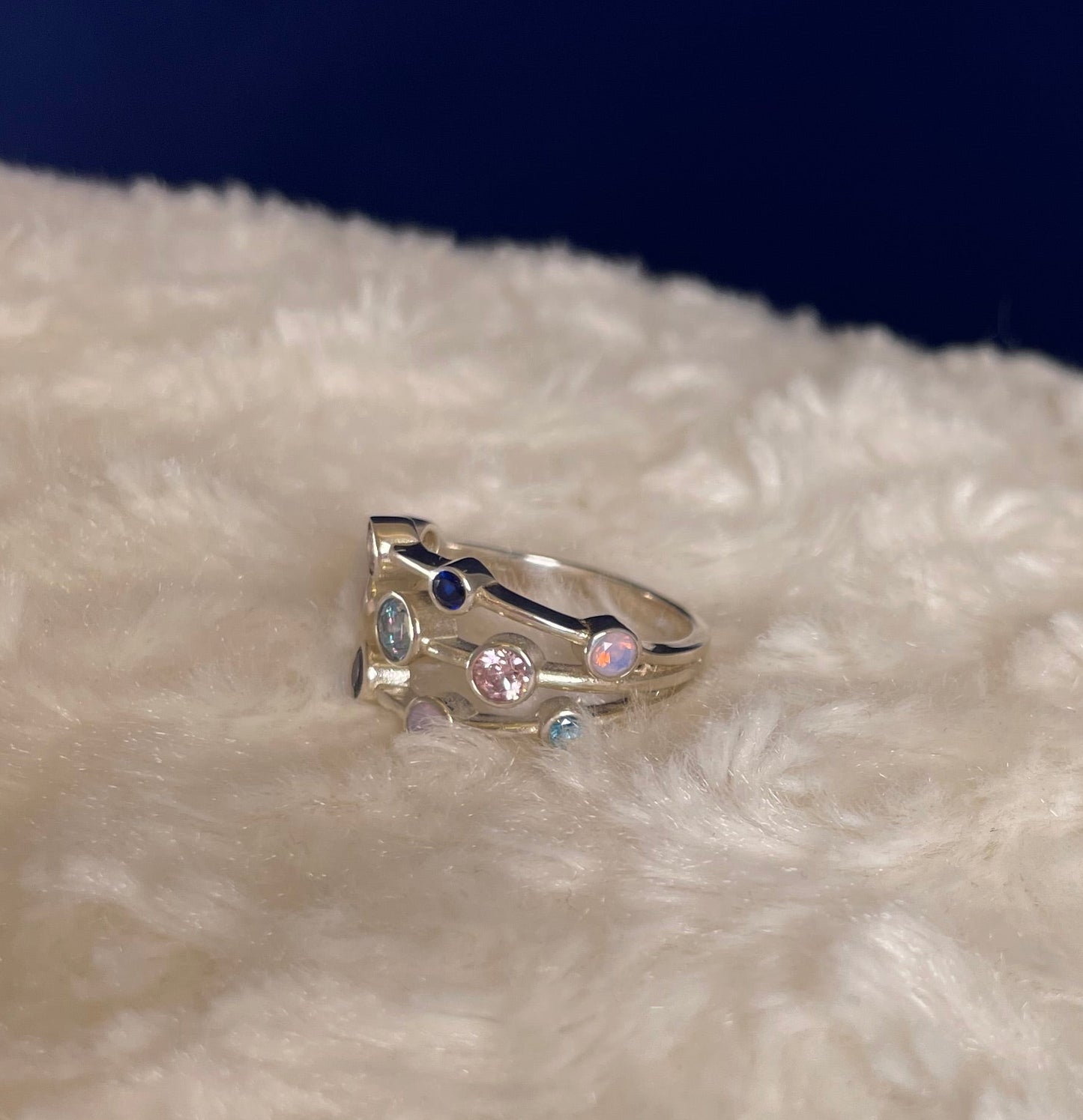 Rhodium-Plated Silver Boodle Ring With Coloured Cubic Zirconia