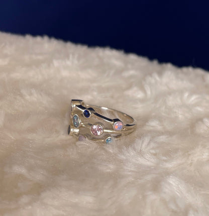 Rhodium-Plated Silver Boodle Ring With Coloured Cubic Zirconia