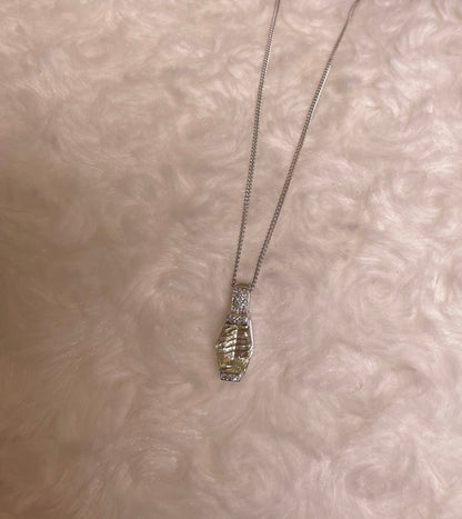 9ct White Gold Lemon Quart & Diamond Pendant Necklace