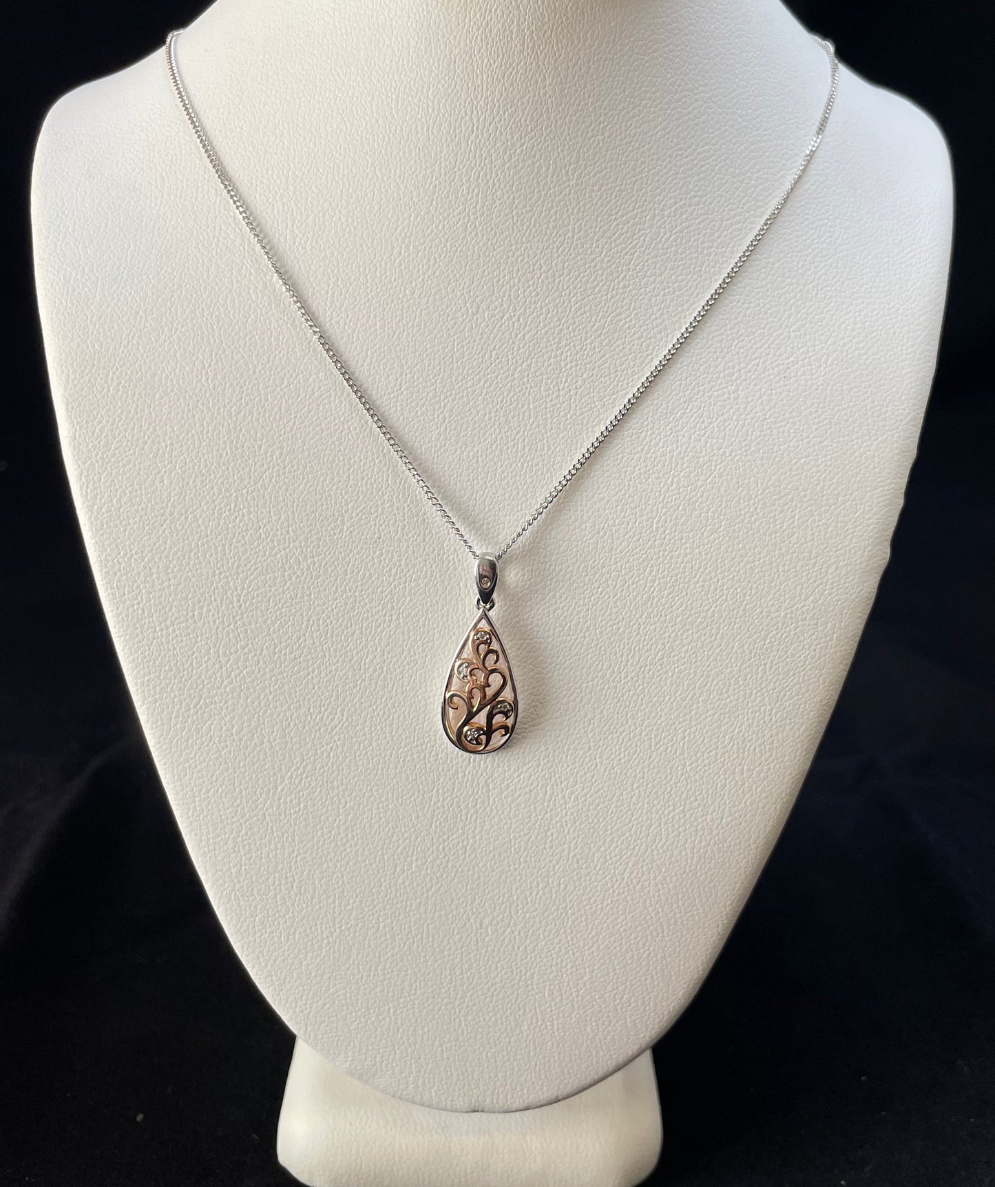 9ct White & Rose Gold Pear Shape Pendant Set With Diamonds Necklace