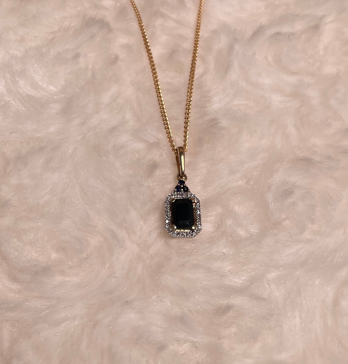 9ct Yellow Gold Emerald Cut Red Sapphire & Diamond Cluster Pendant Necklace