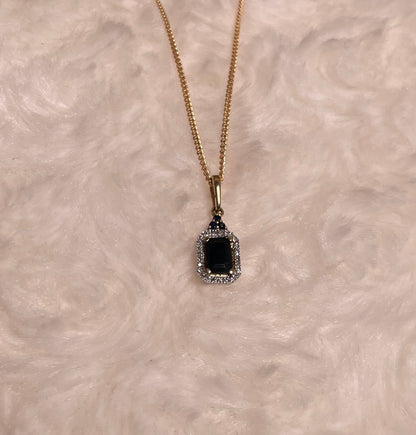 9ct Yellow Gold Emerald Cut Red Sapphire & Diamond Cluster Pendant Necklace
