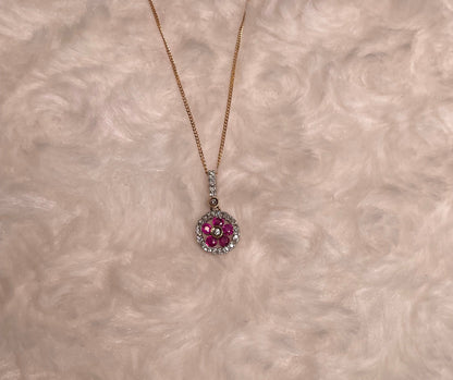 9ct Yellow Gold Cartwheel Design Diamonds & Rubies Pendant Necklace