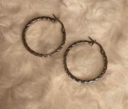 9ct White Gold Flat Twist Hoop Earrings