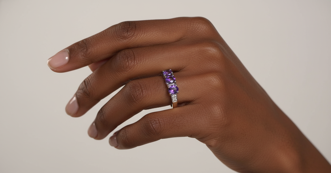 9ct Yellow Gold Ring with Oval Amethysts & Diamonds