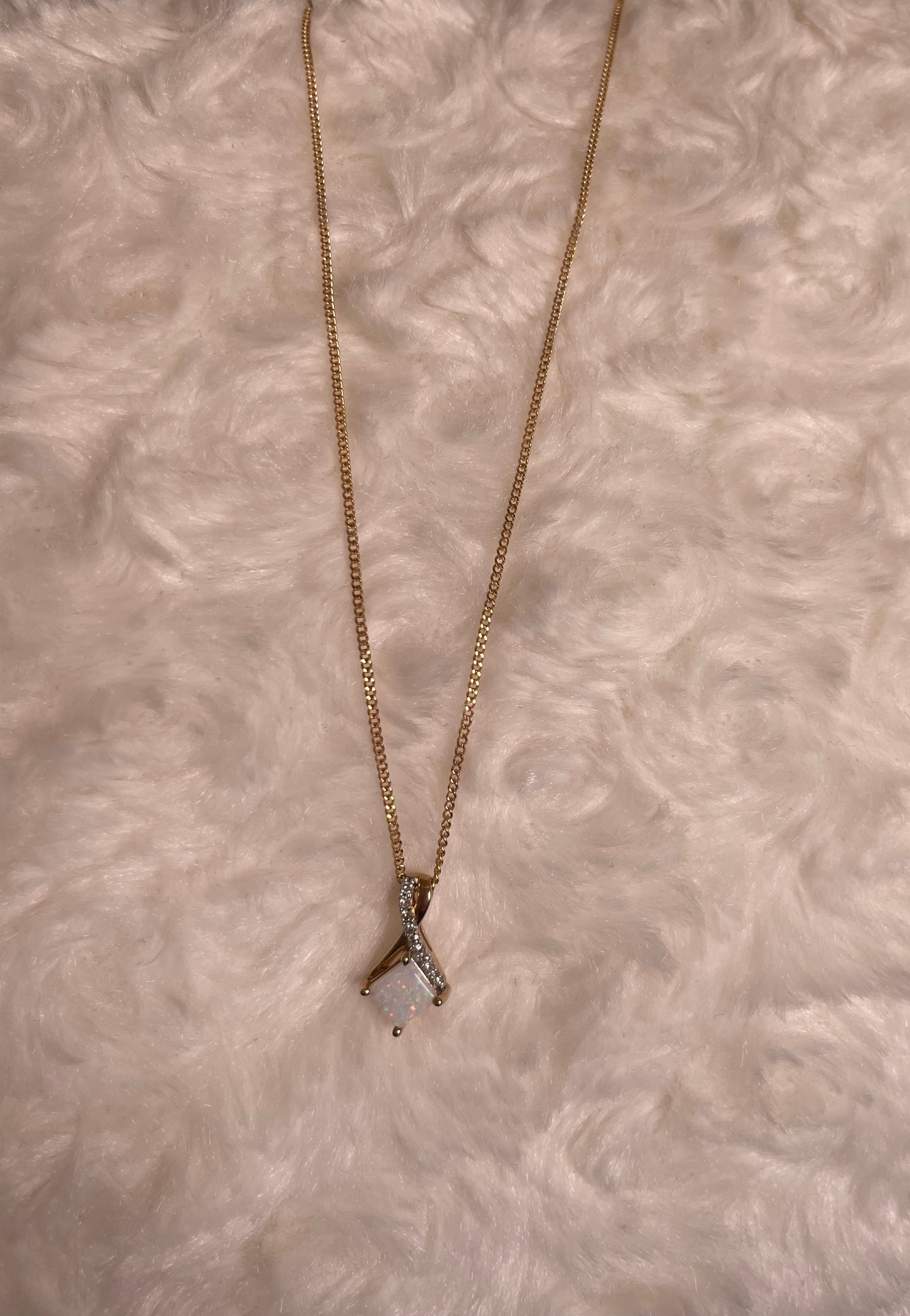 9ct Yellow Gold Square White Opal with Crossover Diamond Bale Pendant Necklace